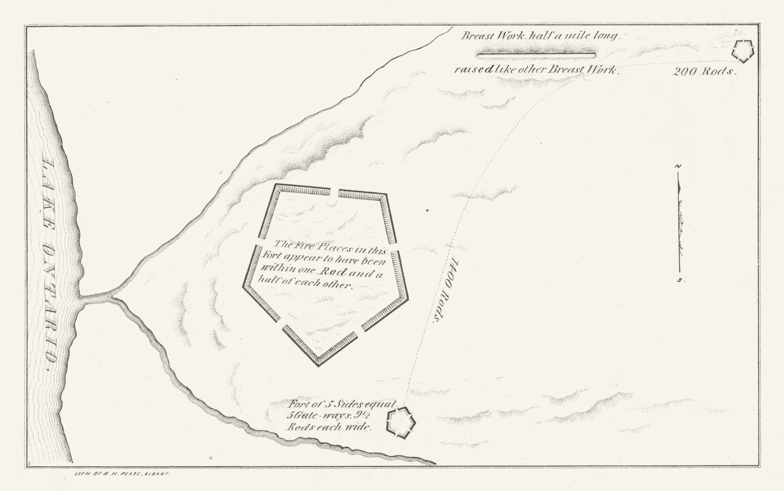 Pentagonal fort on Lake Ontario, New York State 1850 old antique map chart